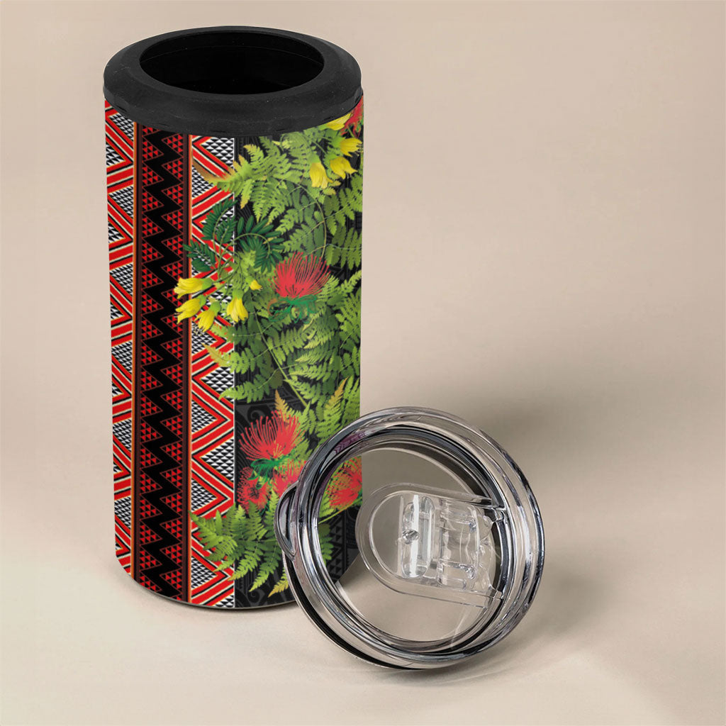 Maori Tukutuku 4 in 1 Can Cooler Tumbler with Ferns Pohutukawa and Kowhai Tribal Moko Patterns