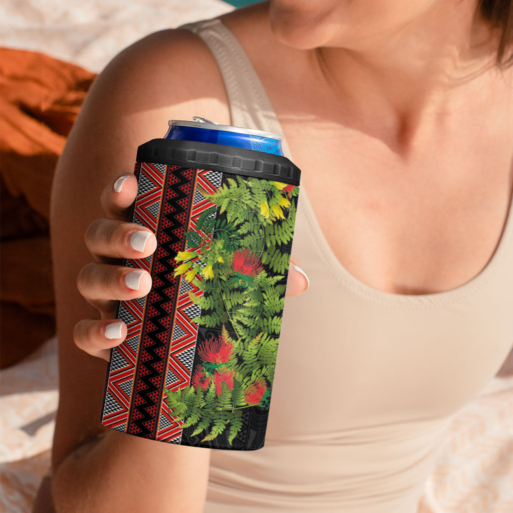 Maori Tukutuku 4 in 1 Can Cooler Tumbler with Ferns Pohutukawa and Kowhai Tribal Moko Patterns