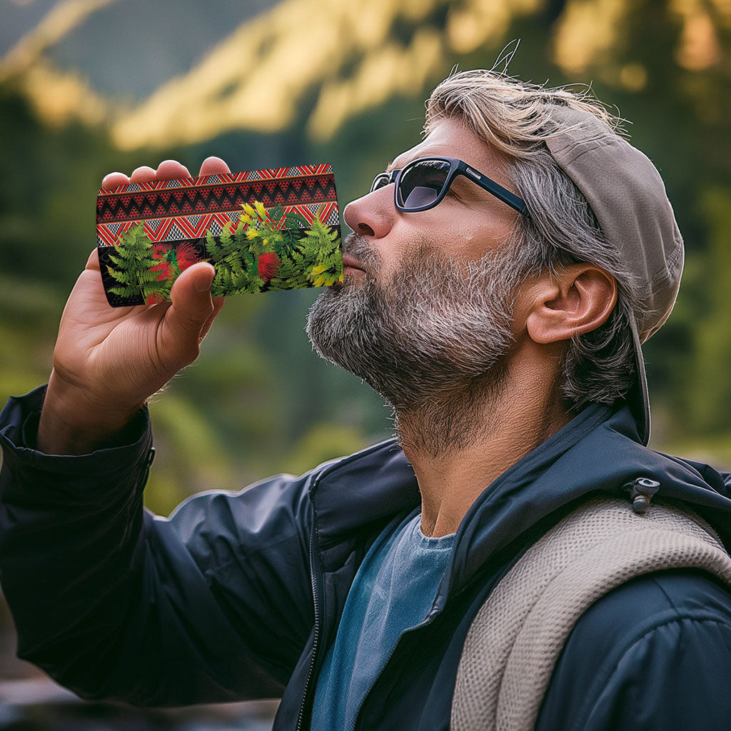Maori Tukutuku 4 in 1 Can Cooler Tumbler with Ferns Pohutukawa and Kowhai Tribal Moko Patterns