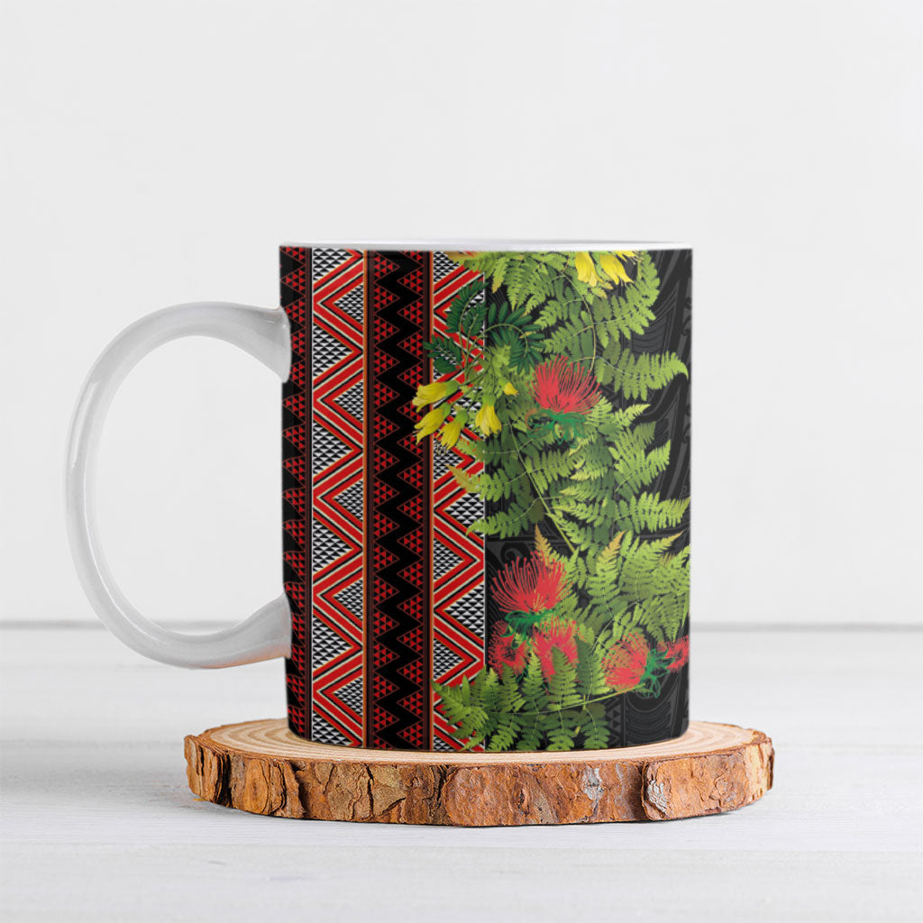 Maori Tukutuku Ceramic Mug with Ferns Pohutukawa and Kowhai Tribal Moko Patterns