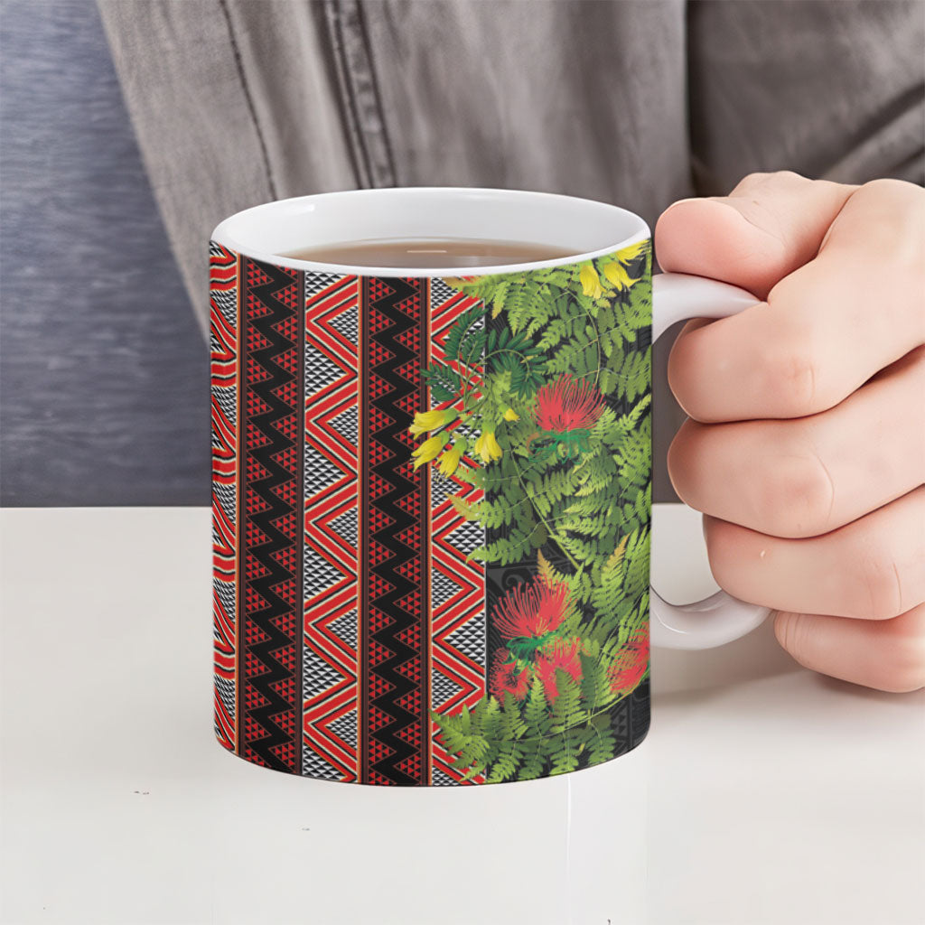 Maori Tukutuku Ceramic Mug with Ferns Pohutukawa and Kowhai Tribal Moko Patterns
