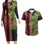 Maori Tukutuku Couples Matching Long Sleeve Bodycon Dress and Hawaiian Shirt with Ferns Pohutukawa and Kowhai Tribal Moko Patterns