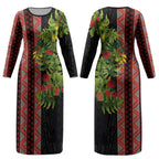 Maori Tukutuku Couples Matching Long Sleeve Bodycon Dress and Hawaiian Shirt with Ferns Pohutukawa and Kowhai Tribal Moko Patterns