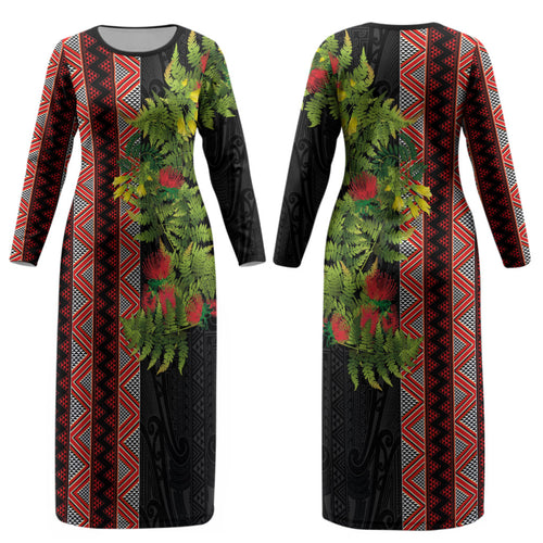 Maori Tukutuku Couples Matching Long Sleeve Bodycon Dress and Hawaiian Shirt with Ferns Pohutukawa and Kowhai Tribal Moko Patterns