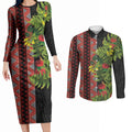 Maori Tukutuku Couples Matching Long Sleeve Bodycon Dress and Long Sleeve Button Shirt with Ferns Pohutukawa and Kowhai Tribal Moko Patterns