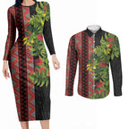 Maori Tukutuku Couples Matching Long Sleeve Bodycon Dress and Long Sleeve Button Shirt with Ferns Pohutukawa and Kowhai Tribal Moko Patterns