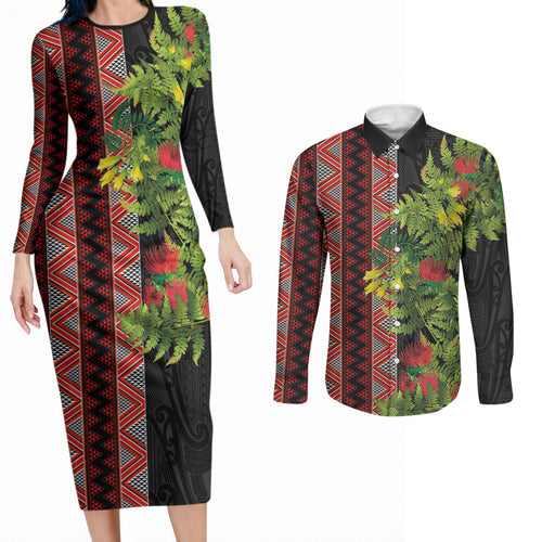 Maori Tukutuku Couples Matching Long Sleeve Bodycon Dress and Long Sleeve Button Shirt with Ferns Pohutukawa and Kowhai Tribal Moko Patterns