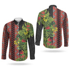 Maori Tukutuku Couples Matching Long Sleeve Bodycon Dress and Long Sleeve Button Shirt with Ferns Pohutukawa and Kowhai Tribal Moko Patterns