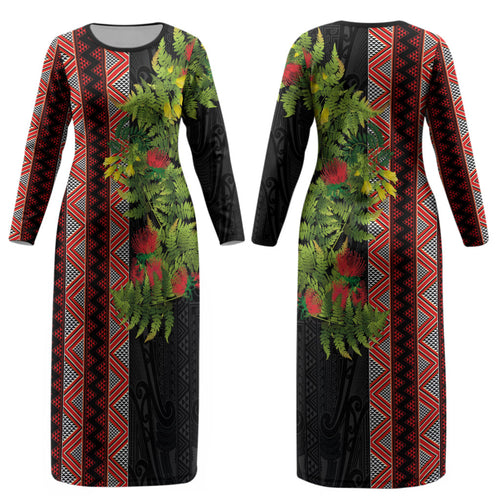 Maori Tukutuku Couples Matching Long Sleeve Bodycon Dress and Long Sleeve Button Shirt with Ferns Pohutukawa and Kowhai Tribal Moko Patterns