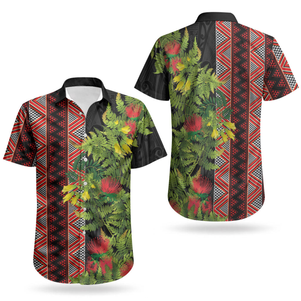 Maori Tukutuku Couples Matching Mermaid Dress and Hawaiian Shirt with Ferns Pohutukawa and Kowhai Tribal Moko Patterns