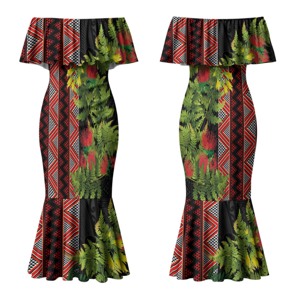 Maori Tukutuku Couples Matching Mermaid Dress and Hawaiian Shirt with Ferns Pohutukawa and Kowhai Tribal Moko Patterns