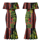 Maori Tukutuku Couples Matching Mermaid Dress and Hawaiian Shirt with Ferns Pohutukawa and Kowhai Tribal Moko Patterns