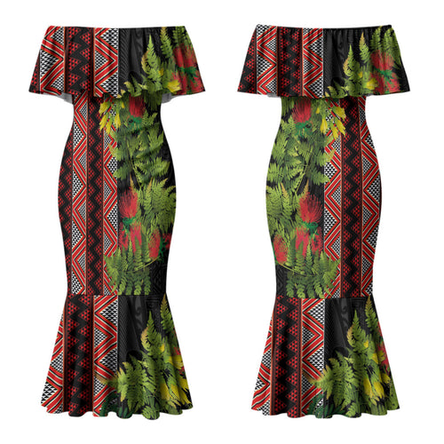 Maori Tukutuku Couples Matching Mermaid Dress and Hawaiian Shirt with Ferns Pohutukawa and Kowhai Tribal Moko Patterns