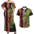 Maori Tukutuku Couples Matching Off Shoulder Maxi Dress and Hawaiian Shirt with Ferns Pohutukawa and Kowhai Tribal Moko Patterns