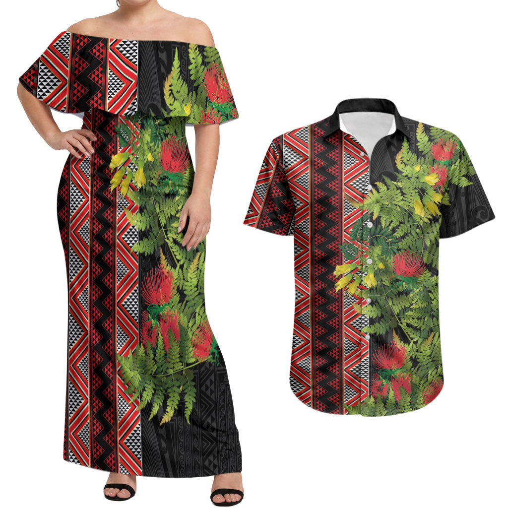 Maori Tukutuku Couples Matching Off Shoulder Maxi Dress and Hawaiian Shirt with Ferns Pohutukawa and Kowhai Tribal Moko Patterns