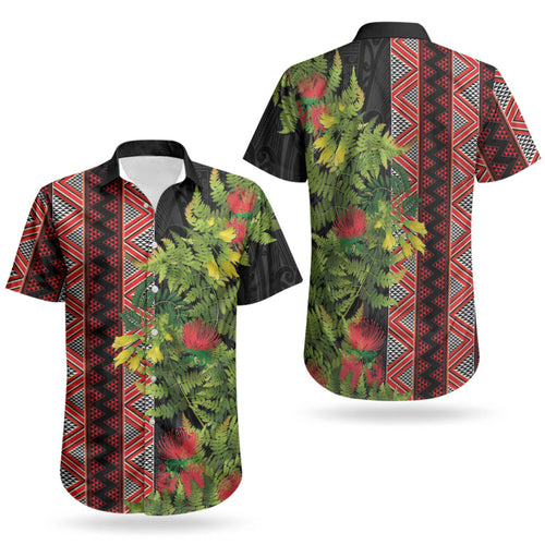 Maori Tukutuku Couples Matching Off Shoulder Maxi Dress and Hawaiian Shirt with Ferns Pohutukawa and Kowhai Tribal Moko Patterns