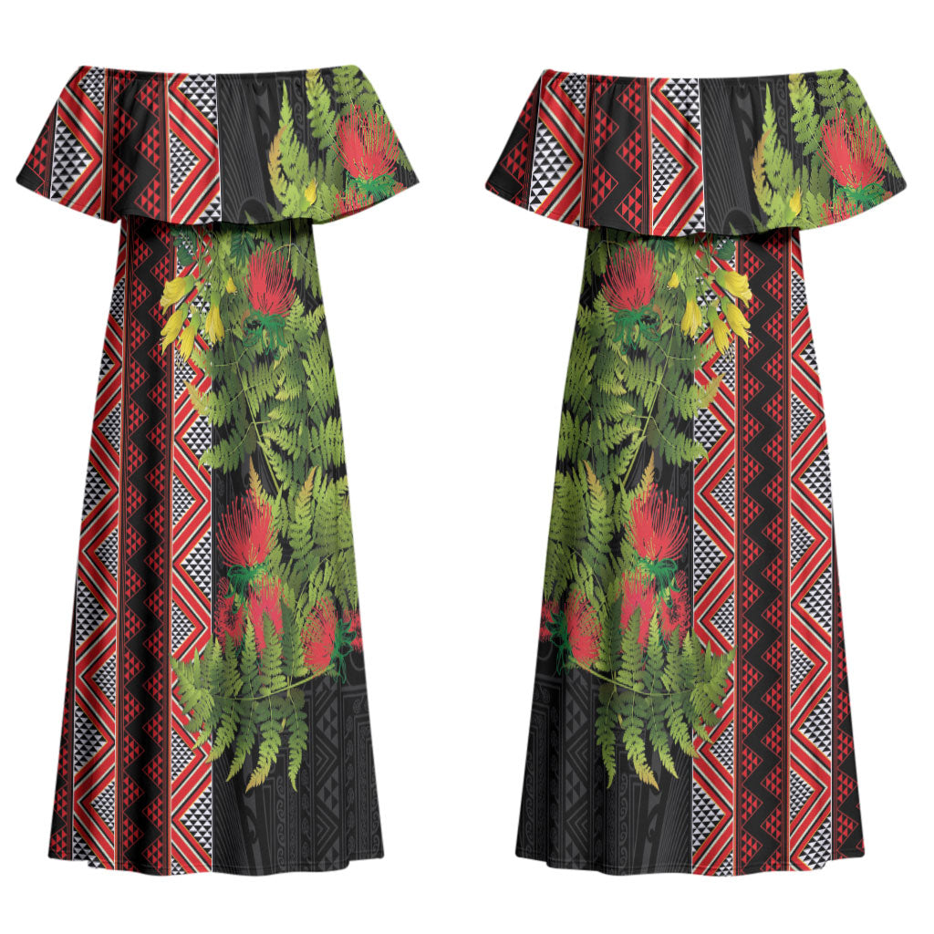 Maori Tukutuku Couples Matching Off Shoulder Maxi Dress and Hawaiian Shirt with Ferns Pohutukawa and Kowhai Tribal Moko Patterns