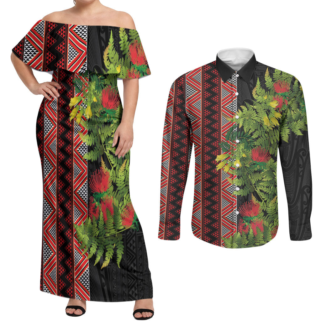 Maori Tukutuku Couples Matching Off Shoulder Maxi Dress and Long Sleeve Button Shirt with Ferns Pohutukawa and Kowhai Tribal Moko Patterns