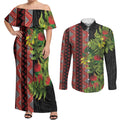 Maori Tukutuku Couples Matching Off Shoulder Maxi Dress and Long Sleeve Button Shirt with Ferns Pohutukawa and Kowhai Tribal Moko Patterns