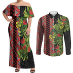 Maori Tukutuku Couples Matching Off Shoulder Maxi Dress and Long Sleeve Button Shirt with Ferns Pohutukawa and Kowhai Tribal Moko Patterns