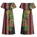 Maori Tukutuku Couples Matching Off Shoulder Maxi Dress and Long Sleeve Button Shirt with Ferns Pohutukawa and Kowhai Tribal Moko Patterns