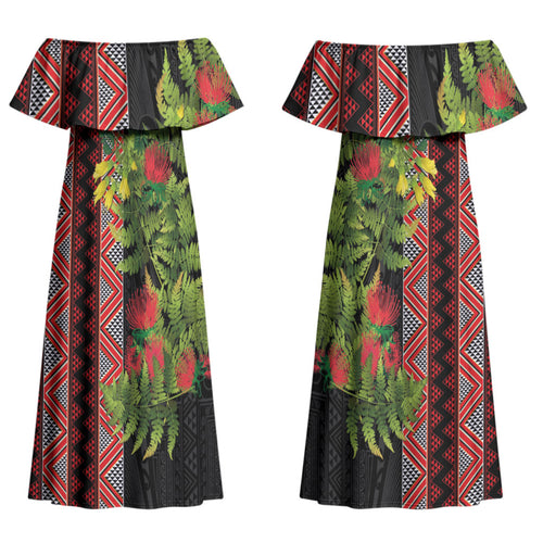 Maori Tukutuku Couples Matching Off Shoulder Maxi Dress and Long Sleeve Button Shirt with Ferns Pohutukawa and Kowhai Tribal Moko Patterns