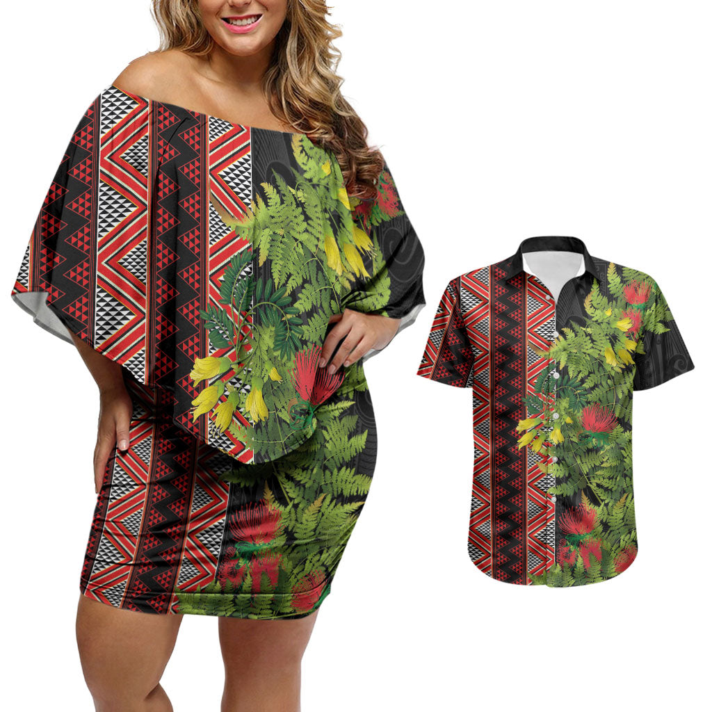 Maori Tukutuku Couples Matching Off Shoulder Short Dress and Hawaiian Shirt with Ferns Pohutukawa and Kowhai Tribal Moko Patterns