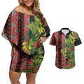 Maori Tukutuku Couples Matching Off Shoulder Short Dress and Hawaiian Shirt with Ferns Pohutukawa and Kowhai Tribal Moko Patterns
