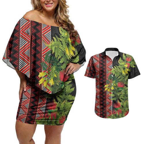 Maori Tukutuku Couples Matching Off Shoulder Short Dress and Hawaiian Shirt with Ferns Pohutukawa and Kowhai Tribal Moko Patterns