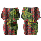 Maori Tukutuku Couples Matching Off Shoulder Short Dress and Hawaiian Shirt with Ferns Pohutukawa and Kowhai Tribal Moko Patterns