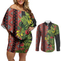Maori Tukutuku Couples Matching Off Shoulder Short Dress and Long Sleeve Button Shirt with Ferns Pohutukawa and Kowhai Tribal Moko Patterns