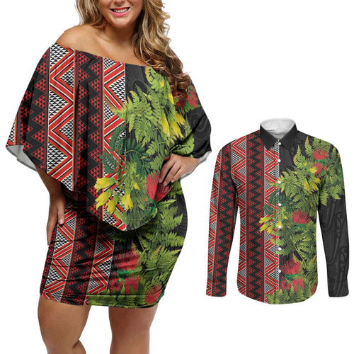 Maori Tukutuku Couples Matching Off Shoulder Short Dress and Long Sleeve Button Shirt with Ferns Pohutukawa and Kowhai Tribal Moko Patterns