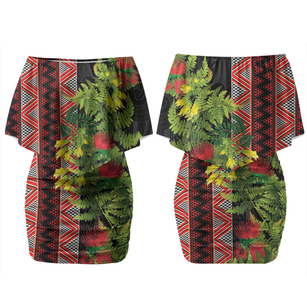 Maori Tukutuku Couples Matching Off Shoulder Short Dress and Long Sleeve Button Shirt with Ferns Pohutukawa and Kowhai Tribal Moko Patterns