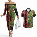 Maori Tukutuku Couples Matching Off The Shoulder Long Sleeve Dress and Hawaiian Shirt with Ferns Pohutukawa and Kowhai Tribal Moko Patterns