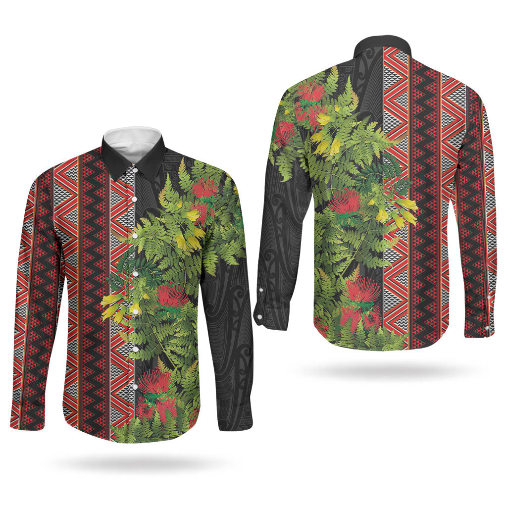 Maori Tukutuku Couples Matching Off The Shoulder Long Sleeve Dress and Long Sleeve Button Shirt with Ferns Pohutukawa and Kowhai Tribal Moko Patterns