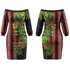 Maori Tukutuku Couples Matching Off The Shoulder Long Sleeve Dress and Long Sleeve Button Shirt with Ferns Pohutukawa and Kowhai Tribal Moko Patterns