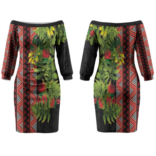 Maori Tukutuku Couples Matching Off The Shoulder Long Sleeve Dress and Long Sleeve Button Shirt with Ferns Pohutukawa and Kowhai Tribal Moko Patterns