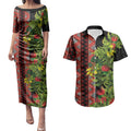 Maori Tukutuku Couples Matching Puletasi and Hawaiian Shirt with Ferns Pohutukawa and Kowhai Tribal Moko Patterns