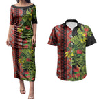 Maori Tukutuku Couples Matching Puletasi and Hawaiian Shirt with Ferns Pohutukawa and Kowhai Tribal Moko Patterns