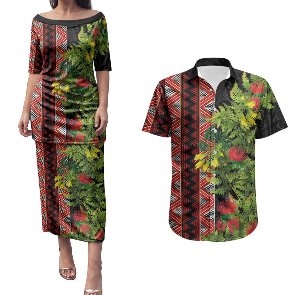 Maori Tukutuku Couples Matching Puletasi and Hawaiian Shirt with Ferns Pohutukawa and Kowhai Tribal Moko Patterns