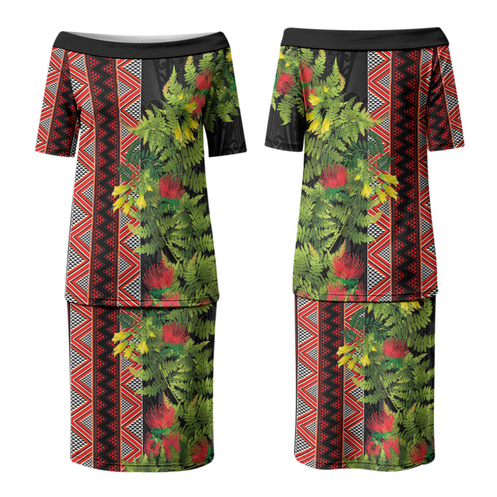 Maori Tukutuku Couples Matching Puletasi and Hawaiian Shirt with Ferns Pohutukawa and Kowhai Tribal Moko Patterns