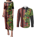Maori Tukutuku Couples Matching Puletasi and Long Sleeve Button Shirt with Ferns Pohutukawa and Kowhai Tribal Moko Patterns