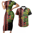 Maori Tukutuku Couples Matching Short Sleeve Bodycon Dress and Hawaiian Shirt with Ferns Pohutukawa and Kowhai Tribal Moko Patterns