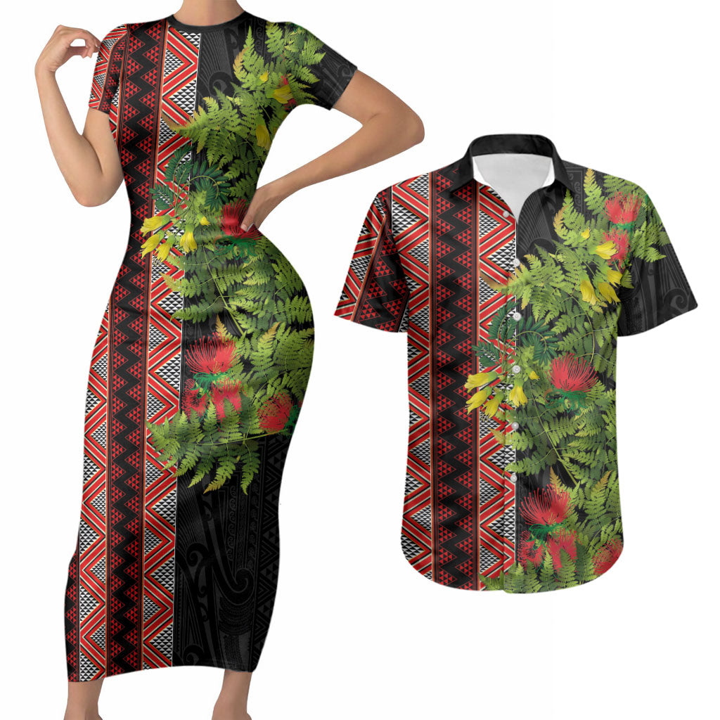 Maori Tukutuku Couples Matching Short Sleeve Bodycon Dress and Hawaiian Shirt with Ferns Pohutukawa and Kowhai Tribal Moko Patterns