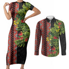 Maori Tukutuku Couples Matching Short Sleeve Bodycon Dress and Long Sleeve Button Shirt with Ferns Pohutukawa and Kowhai Tribal Moko Patterns