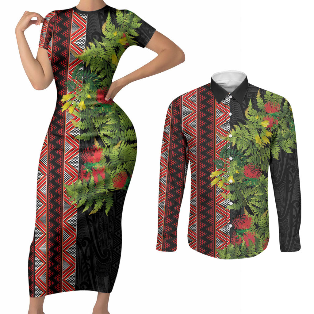 Maori Tukutuku Couples Matching Short Sleeve Bodycon Dress and Long Sleeve Button Shirt with Ferns Pohutukawa and Kowhai Tribal Moko Patterns