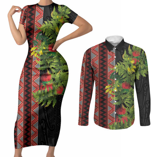 Maori Tukutuku Couples Matching Short Sleeve Bodycon Dress and Long Sleeve Button Shirt with Ferns Pohutukawa and Kowhai Tribal Moko Patterns