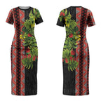 Maori Tukutuku Couples Matching Short Sleeve Bodycon Dress and Long Sleeve Button Shirt with Ferns Pohutukawa and Kowhai Tribal Moko Patterns