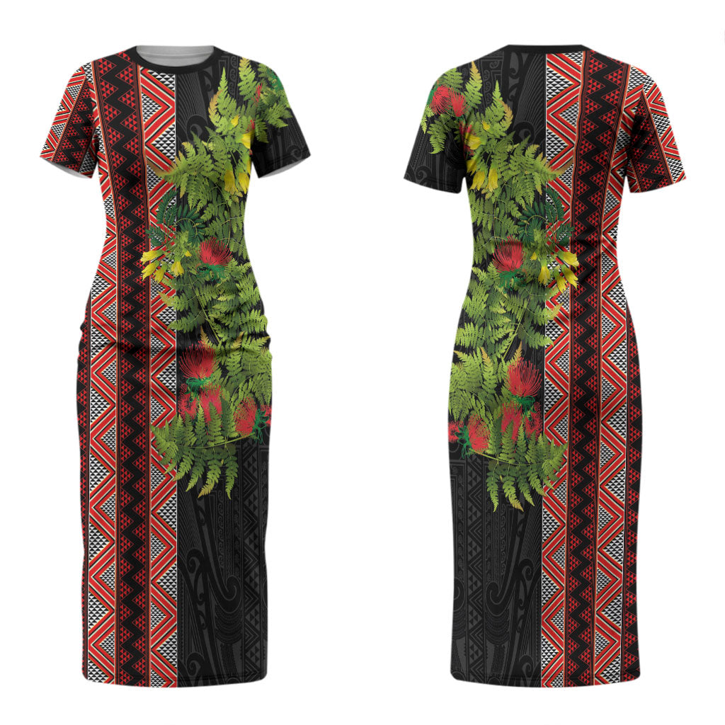 Maori Tukutuku Couples Matching Short Sleeve Bodycon Dress and Long Sleeve Button Shirt with Ferns Pohutukawa and Kowhai Tribal Moko Patterns