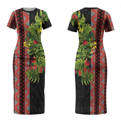 Maori Tukutuku Couples Matching Short Sleeve Bodycon Dress and Long Sleeve Button Shirt with Ferns Pohutukawa and Kowhai Tribal Moko Patterns
